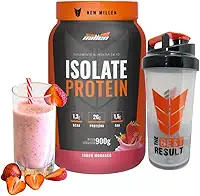 Kit Whey Isolate Zero Lactose 900g pote + Coqueteleira 600ml transparente New Millen (900, Morango)
