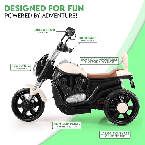 Image of BabyGo Electric Bike for Kids | 6V 4AH Battery, Dual Suspension with LED Lights & Comfy Backrest | 3 Wheel Bike | Battery Bike for Kids for 1-5 Years Kid | 4.5Hr-6Hr Ride | (Ivory)