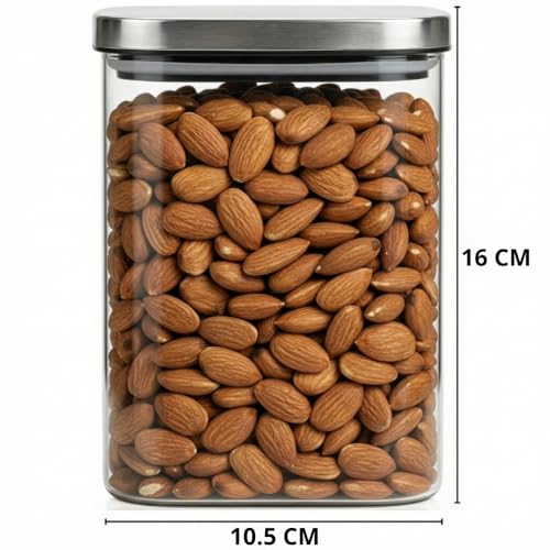 Image of ginoya brothers Airtight Borosilicate Glass Square Jar With Wooden Or Steel Lid Multi-Size, Container for Spices, Coffee, Grains, Snacks & Kitchen Organization (2, STEEL LID, 1250 ML)