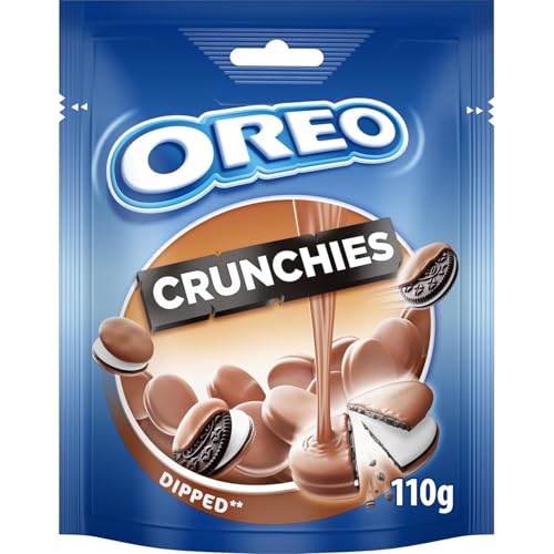 OREO Crunchies Dipped – 8 x 110 g – Knusprige Mini-Kakaokekse mit Crèmefüllung mit Vanillegeschmack, umhüllt von zarter Milchschokolade