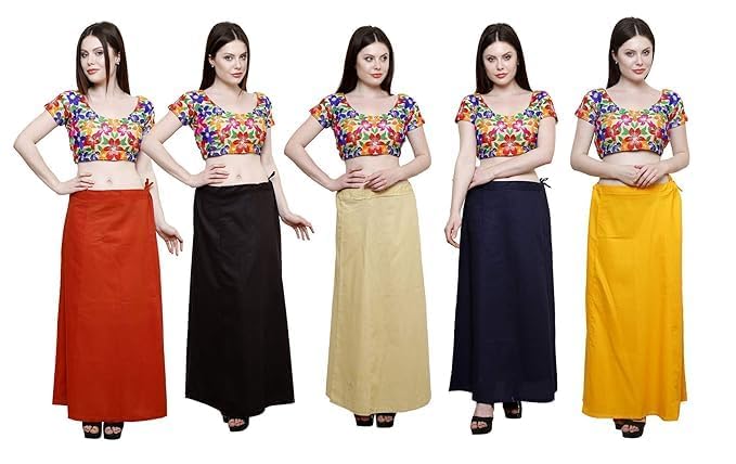 Image of Vlazom Women's Cotton Saree Petticoat - Pack of 5 Inskirts | Soft & Breathable Underskirts | Adjustable Drawstring Waist | Multicolor for Daily & Occasion Wear