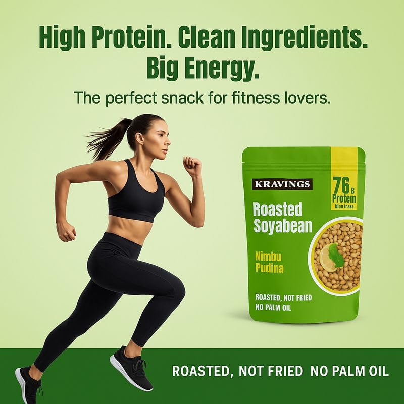 Image of Kravings Roasted Soyabean Protein Snack| Nimbu Pudina Flavour| | 38g Protein per 100g | High Protein, Roasted Not Fried | Crunchy & Tasty Healthy Snack | No Palm Oil, Zero Trans Fat, 200g