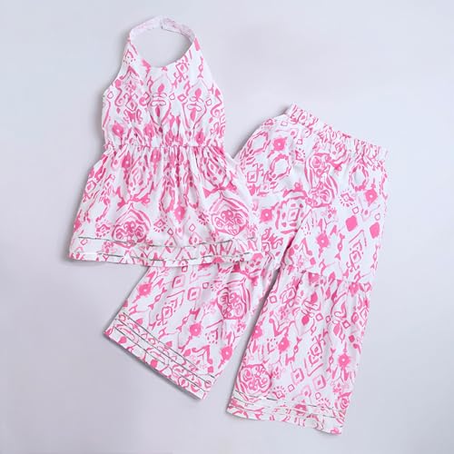 Image of GORLYA Girl's Cotton Sleeveless Printed Ethnic Peplum Kurta & Sharara Set - White & Pink