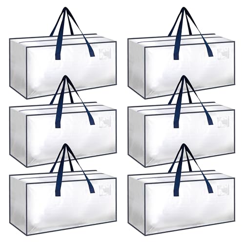 Simple Deluxe 6 Pack Extra Large Moving Bags with Backpack Straps, Strong Handles/Zippers, Heavy Duty Storage Tote for Moving Travel Camping Space Saving, White