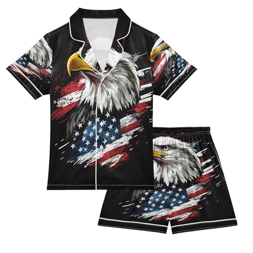 ALAZA Colored Bird American Flag Satin Pajamas Set Short Sleeve Button Down Sleepwear Summer Pjs 2 Piece