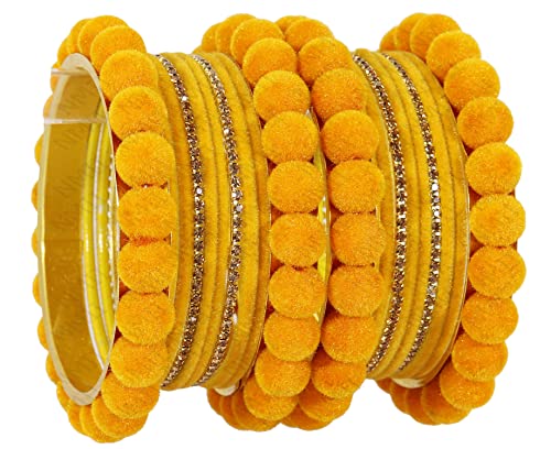 Image of NMII Stylish Metal with Golden Zircon Stone & Velvet Balls Bangles Set For Women and Girls | Fancy Designer Bangles | Short Velvet Chuda Set | Women's Fashion Jewellery
