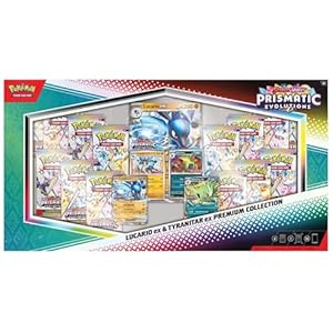 Pokemon TCG Scarlet & Violet Prismatic Evolutions Lucario ex & Tyranitar ex Premium Collection Box – 14 Packs