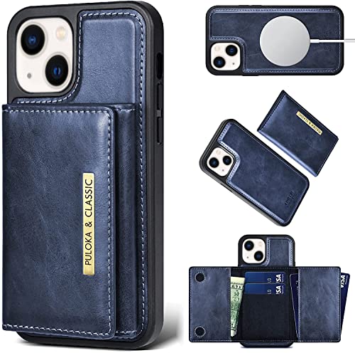 Image of PULOKA Wallet Back Case - Compatible with iPhone 13 - Vegan Leather Phone Cover - Detachable Card Holder Case with Kickstand - Shockproof, Anti Scratch & Raised Edges for Protection - Blue
