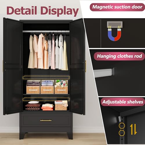 Image of GAIOUS Metal Armoire Wardrobe Closet Cabinet with 2 Doors and Drawer, 71 inch