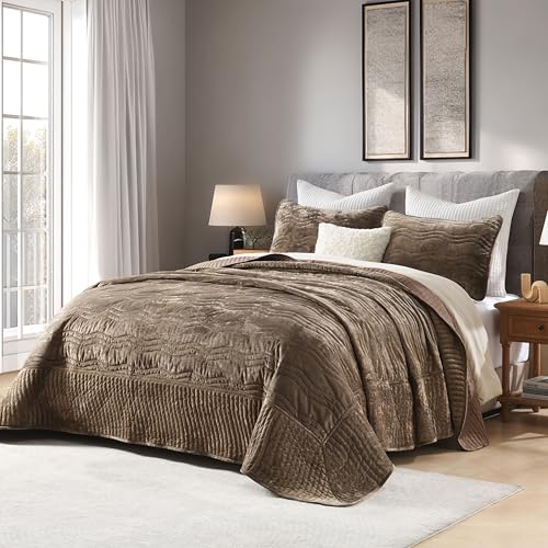 Image of Velvet Super King Size Quilt, Oversized California Comforter Set Mocha Brown Bedding Set (130 inch*118 inch) with 2 Pillow Shams, Luxurious Quilt Set,All-Season 3 Pieces