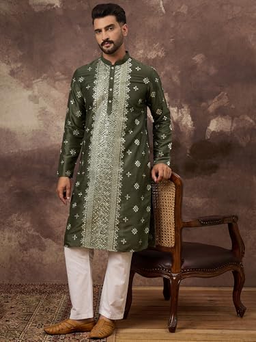 Image of Men's Solid Calf Length Silk Blend Embroidered Kurtas | Men | Kurtas for Mens | Straight Fit Kurta for Men's