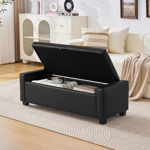 Image of Huatean Home 48 inch Ottoman with Storage, Storage Ottoman Bench with Safety Hinge, Upholstered Entryway Bench with Seating for Bedroom, Living Room, Holds up to 330 lb, Light Black