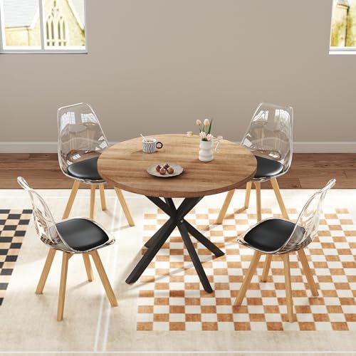 GrandCA HOME Table à Manger Ronde de 100 CM + 4 Chaises Rembourrées, Ensemble Table à Manger et Chaises (Foncé + Noir)