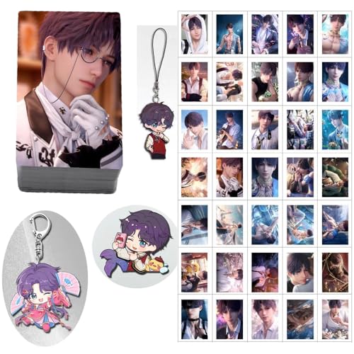 BJDhouse Love and deepspace Caleb Sylus LOMO Cards 50pcs Cosplay Game Card 57x86mm,Pin,Keychain, backpack chain, Mobile phone chain set of 4 Caleb apple (Rafayel)