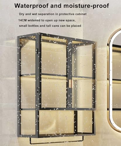Gabinete de baño montado en la pared, botiquín de metal con puerta de cristal, organizador sobre el inodoro con barra de toalla y estantes desmontables
