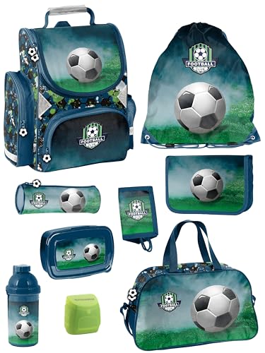 Familando Fussball Schulranzen 1. Klasse ergonomischer Tornister für Mädchen und Jungen Schultasche im Set (9-teilig mit Sporttasche)