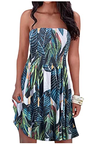 Image of Summer Dress for Women Beach Floral Cover Ups Spaghetti Strap Sundress Smocked Strapless A-Line Mini Dresses