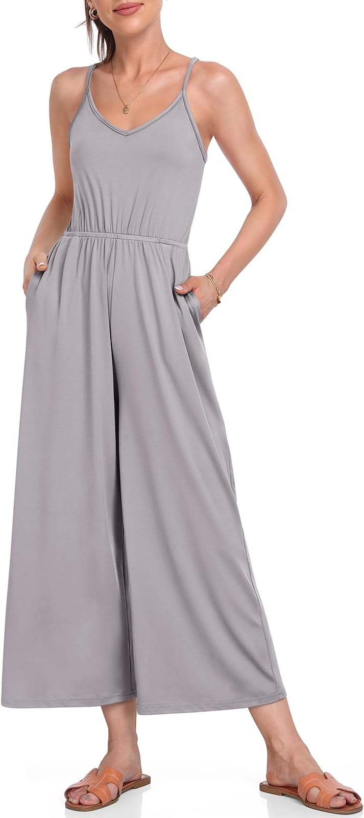 DACESLON Women's 2023 Loose Sleeveless Jumpsuits Adjustable Spaghetti Strap V Neck Harem Long Pants Overalls with Pockets