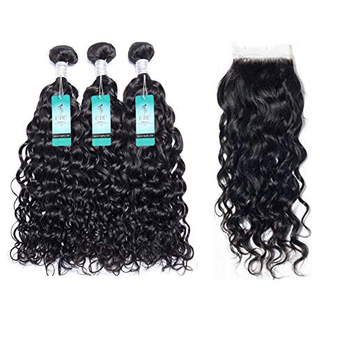 Water Wave Human Hair Bundles with Closure, UDU Malaysian Ocean Wave Wet & Wavy Bundle Deals Human Hair Weave Extensions Remy Hair Bundles Malaysian Water Curly Hair 100g/bundle