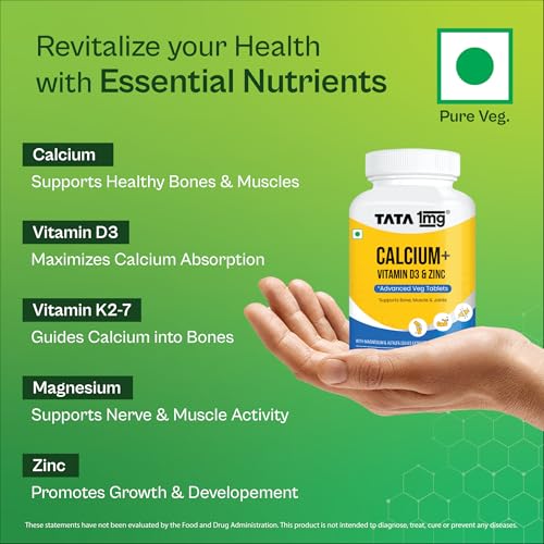 Image of TATA 1mg Veg Calcium & Vitamin D3 supplement with Zinc, Magnesium & Alfalfa | High absorption Citrate Malate form | 500mg Calcium & 400IU Vitamin D3 | For strong bones & joints | 90 veg tablets