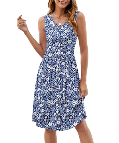 Image of KUOTAI Womens Summer Dresses Sleeveless Casual Loose Swing Button Down Midi Dress V-Neck Flowy A-Line Sundress(Blue Flor, X-Large)