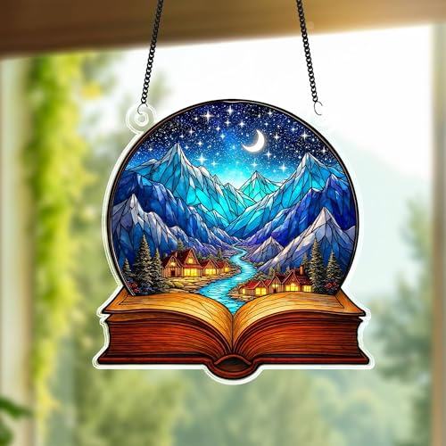 Fantasy Book Ornament &ndash; Book Mountain Landscape&ndash; Acrylic Window Hanging Ornament for Book...