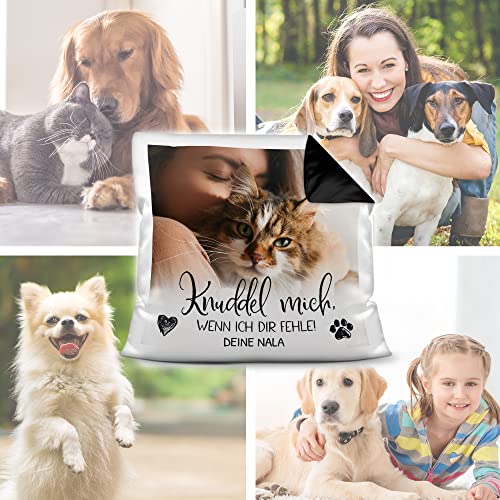 PfotenSchild Personalisiertes Foto-Kissen mit Füllung - Knuddel Mich, wenn ich dir fehle - mit Namen selbst gestalten - für Hunde, Katzen und andere Haustiere | Rückseite Schwarz