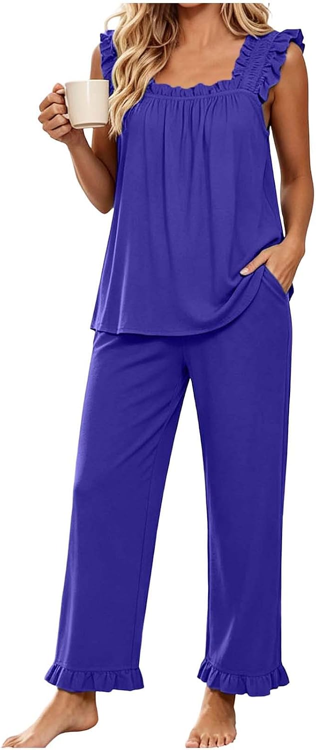 Women's Pajama Set Ruffle Sleeveless Top Pocket Pants Soft Cozy Lounge sets | Elegant Casual pajamas 2 Piece, Sleepwear Pjs Sets,Home Daily Wear Vacation Sleepovers Honeymoon,for All Season Loungewear