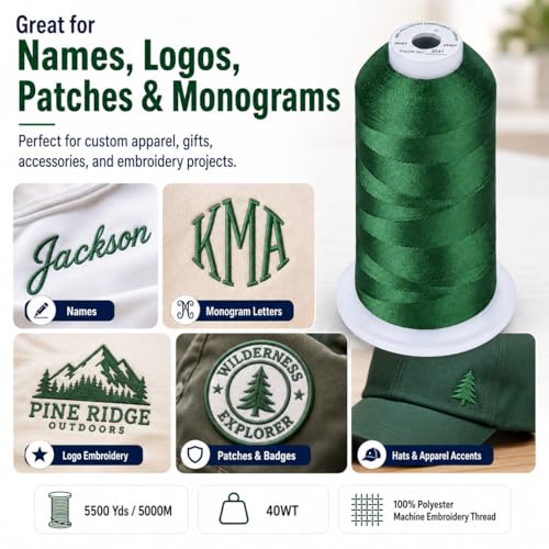Image of Simthread 5000M 40WT Polyester Embroidery Thread, Holly Green S041 | 5000M 40WT polyester thread feeds smoothly for machine embroidery, monograms, logos, patches and quilting.