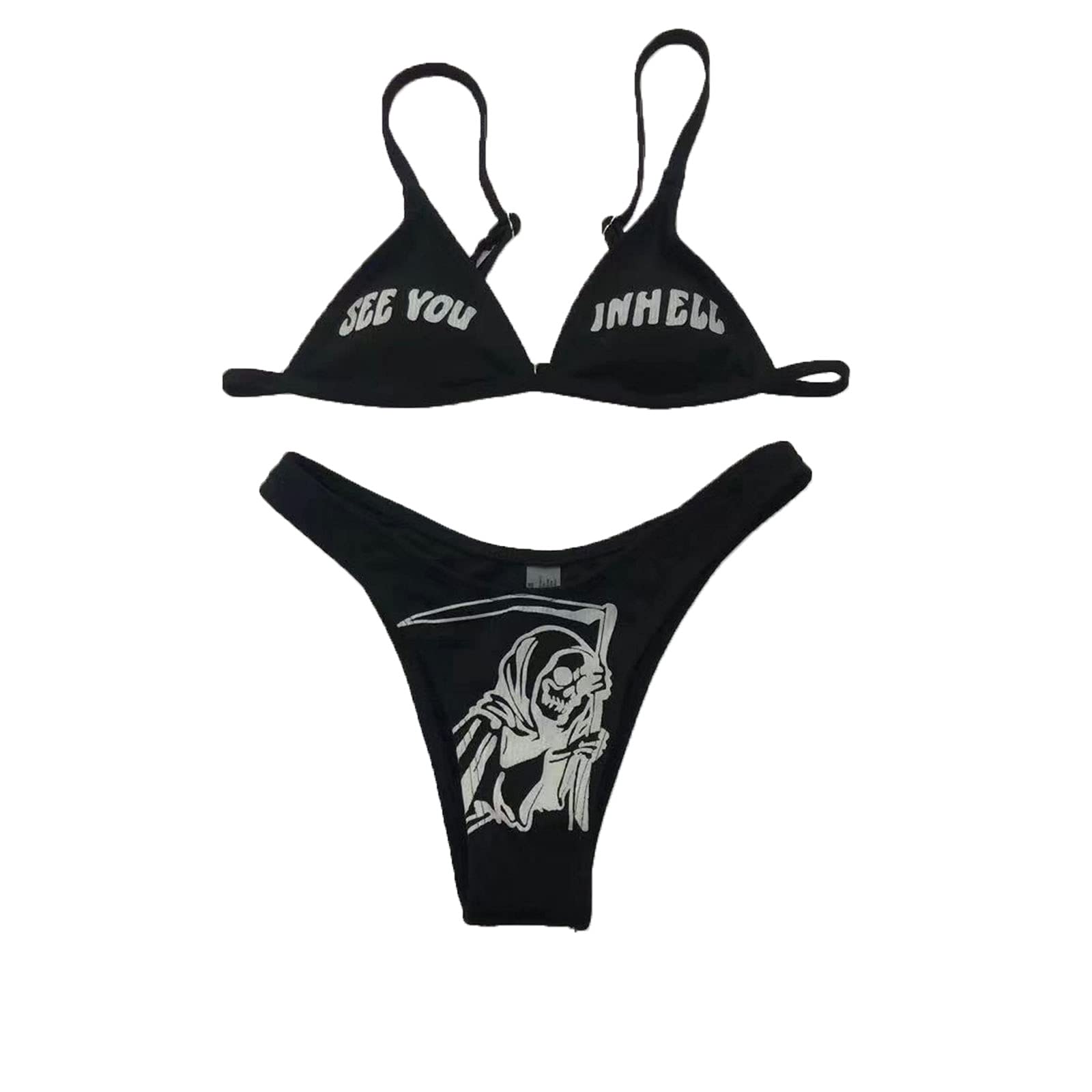 KILUS Traje de baño de dos piezas con estampado de calavera para mujer, sexy, divertido, estampado, dividido, cintura alta, sin mangas, correa de hombro ajustable, ropa de playa