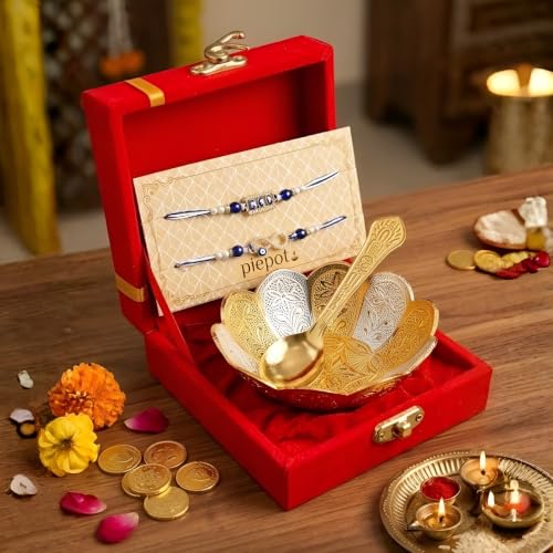 Image of Rakhi for Brother, Gift Set German Silver Gold Bowl and Spoon with Designer Rakhi, Premium Raksha Bandhan Gift Box, Combo Guft Festive Return Gift | Velvet Box