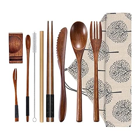 Wiederverwendbares Holzbesteck Set, 9-teiliges Besteck set inklusive Mehrweg Messer Gabel Löffel Stäbchen Strohhalme & Reinigungsbürste Cover