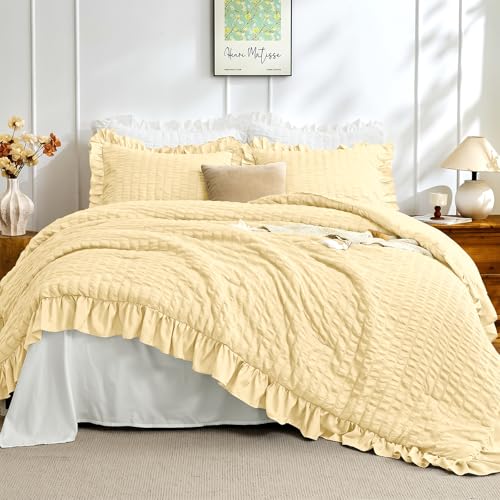 Image of JOLLYVOGUE King Size Comforter Set, 3 Pieces Light Yellow Seersucker Comforters King Size, Lightweight & Fluffy Bedding Sets King for All Season with 1 Ruffle Comforter and 2 Ruffle Pillowshams