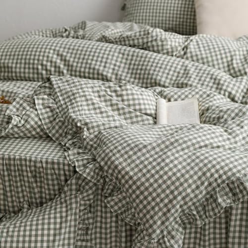 Image of mixinni Green Ruffle Duvet Cover King Size 3 Pieces - 100% Washed Cotton, Vintage Plaid Ruffled Bedding Set with Zipper Ties, Soft Checkered Grid Farmhouse Chic Comforter Cover Set