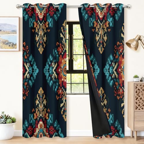Genérico Cortinas Estampadas con Motivo Etnicidad geometría patrón (Pack de 2) - Cortinas Opacas de Microfibra, Aislamiento Térmico y Privacidad para Habitación y Sala, Oscuro, 58.5x138 cm (An x Al)