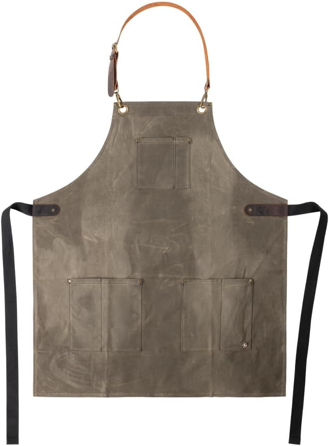 Waxed Cotton Apron for Men and Women – BBQ Apron with 6 Pockets, Leather Straps, Metal Buckles & Grommets | Waterproof Chef Apron | Kitchen, Grilling & Cooking Apron | Adjustable Unisex Work Apron