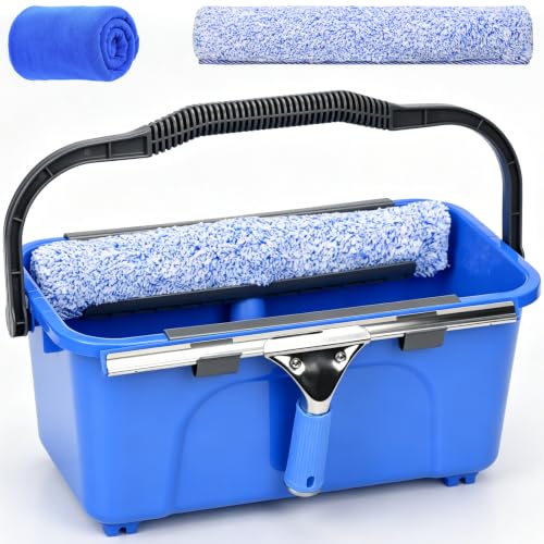 Kit de Limpieza de Ventanas,Limpiacristales Profesional con Cubo de 12L,Escobilla de Microfibra 35cm,Rasqueta de Silicona 35cm,Mango de 5 Secciones,Limpiador de Cristales para Ventanas,Espejos y Ducha