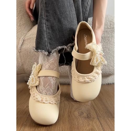 Vintage Cute Mary Jane Flats for Women Bow Lace Pearl Round Toe Ballerina Shoes Comfy Casual Office Dress Back to School2