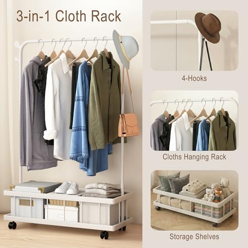 Image of Story@Home Freestanding Metal Clothes Hanging Stand with Wheels, Bottom Storage Shelf & Coat Hanger | Heavy-Duty Garment Rack for Bedroom, Laundry, Entryway & Living Room - White