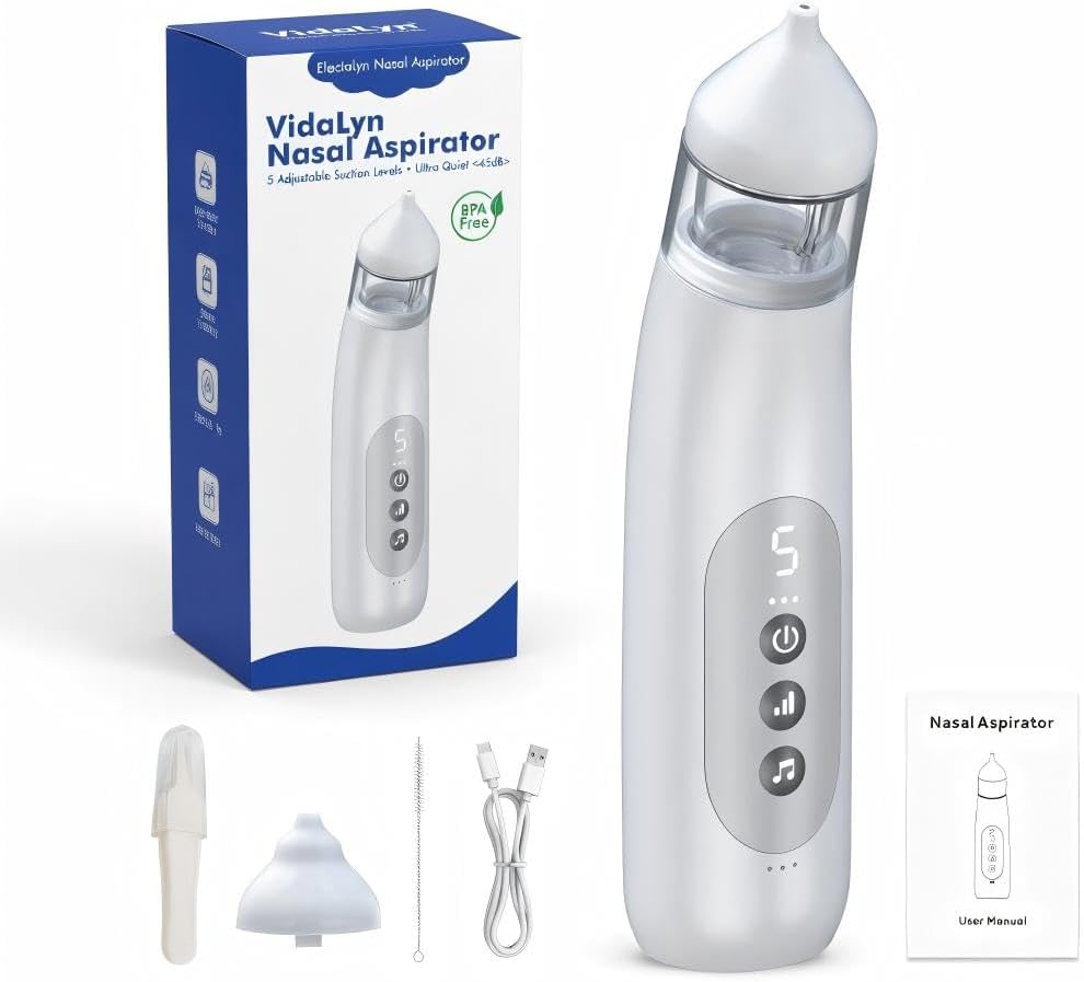Baby Nasal Aspirator, Electric Nose Sucker with 5 Suction Levels, Music & Light, 2 Silicone Tips, USB-C Charge, White