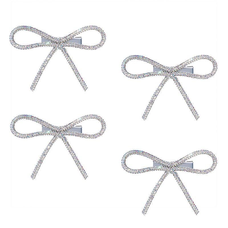 Hair Drama Co. Crystal Bows for Women, 4 Pcs - Silver Hair Bow & Glitter Bow - Embellished Hair Bow Clips - Fancy Hair Clips - Metal Hair Bow Clips - Ribbon Bow Hair Clip