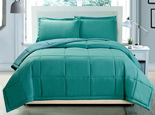 Grand Linen 3 Piece King Size Comforter Set in Turquoise Blue/Blue Reversible Soft Lightweight Down Alternative All Season Comforter Set with Corner Tab. Duvet Insert