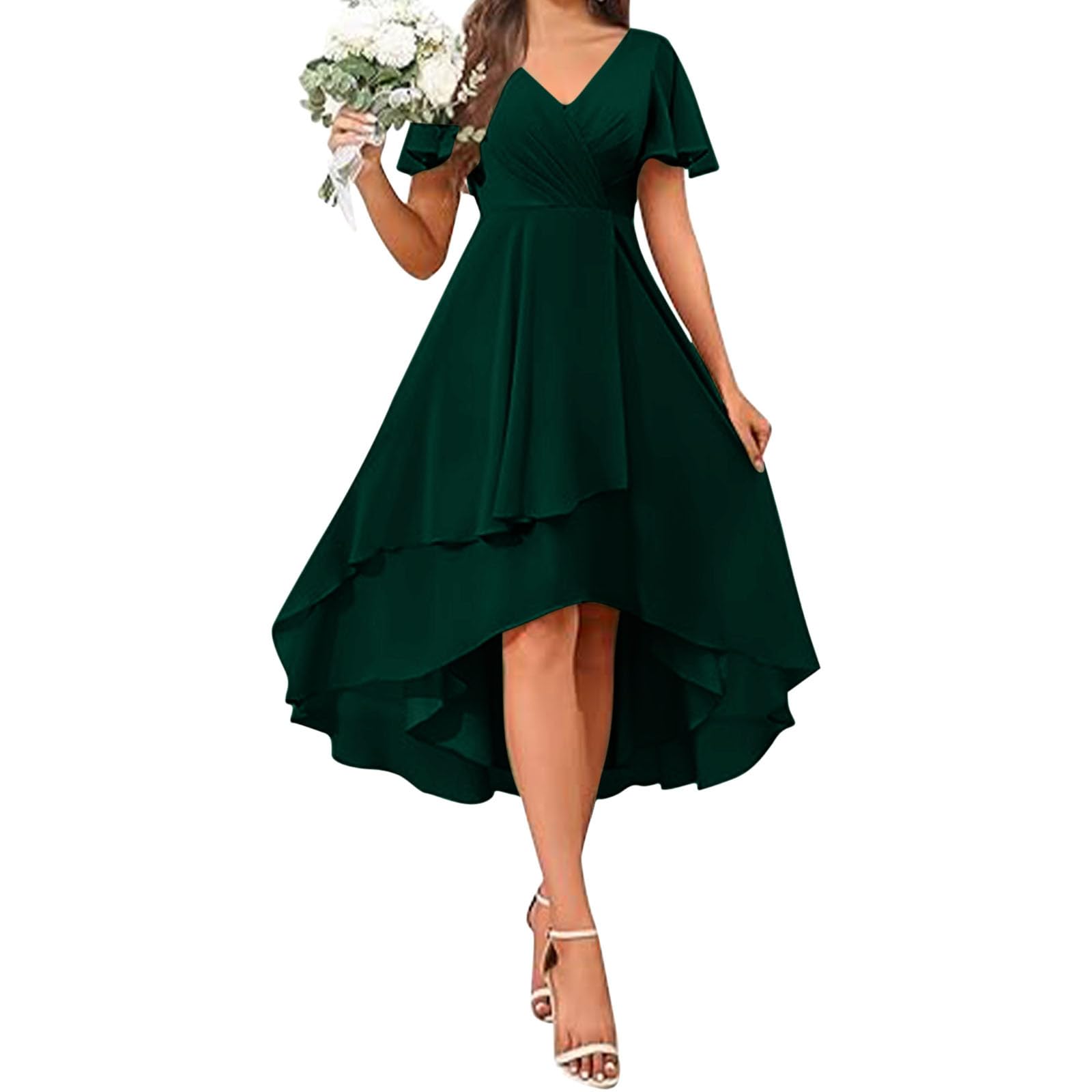 Women's Chiffon Short Sleeve Midi Dress Flowy A-Line V Neck Wrap Dress Evening Party Wedding Guest Cocktail Dresses