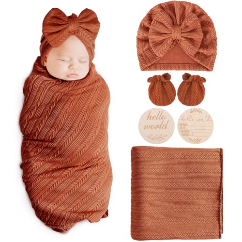 Image of AQOKKA Newborn Receiving Blanket with Bow Hat Mittens Wooden Card Set Wheat-Pattern Newborns Toddler Baby Boy Girl Nursery Swaddle Wrap