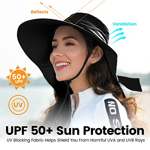 Womens Foldable Flap Cover Upf 52+ Uv Protective Wide Brim Bucket Sun Hat Black #TOP1