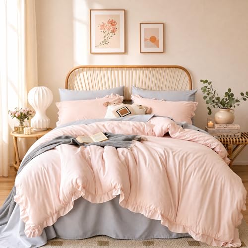 JANZAA Blush Pink Comforter Set Queen – Soft Microfiber, Lightweight All Season Bedding, Ruffle Shabby Chic Aesthetic, Breathable Cozy Bed Set with 2 Pillow Shams, Machine Washable