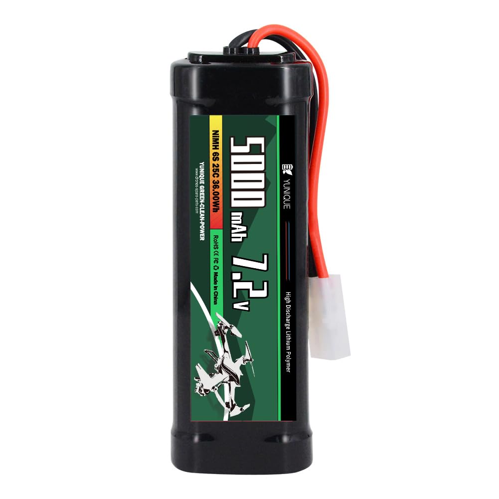 YUNIQUE GREEN-CLEAN-POWER Akumulator NiMH 7,2V 5000mAh z mocowaniem Tamiya i kablem silikonowym - 6 ogniw - Rozmiar 135 x 47 x 24 mm - Duża pojemność dla modeli RC