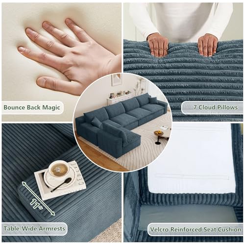 Image of 136 inch Cloud Couch Modular Sectional Sofa for Living Room, L-Shape Boneless Couch with Deep Seat, Modern Corduroy 5-Seater, No Assembly Required,Blue