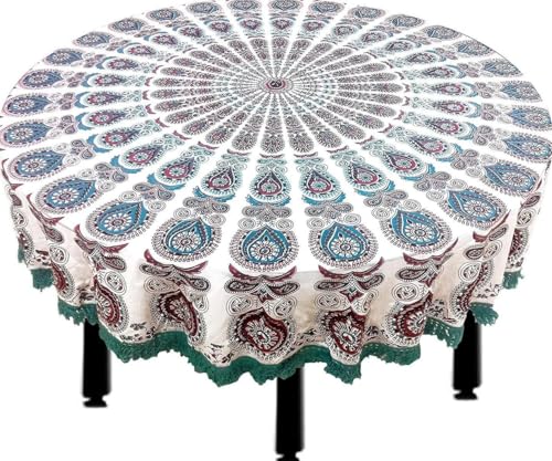 Image of RHF Cotton Round Tablecloth, 75 inch Dining Round Table Cover, Multicolor Traditional Print 4-6 Seater Round Table Cover with Fringed Lace Border