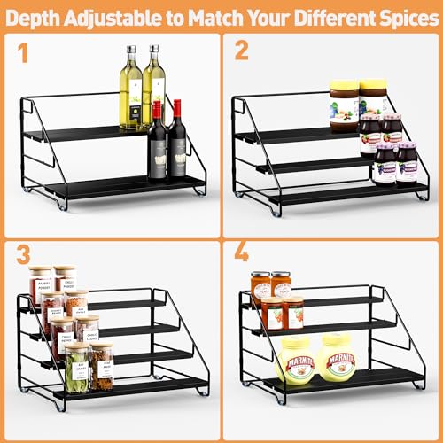 Porta Spezie per Cucina, Portaspezie in Metallo Salvaspazio A 4 Livelli, Portaspezie da Appoggio Regolabile Supporto Porta, Spezie Organizer per Cucina Bancone Armadio, Nero - immagine 5
